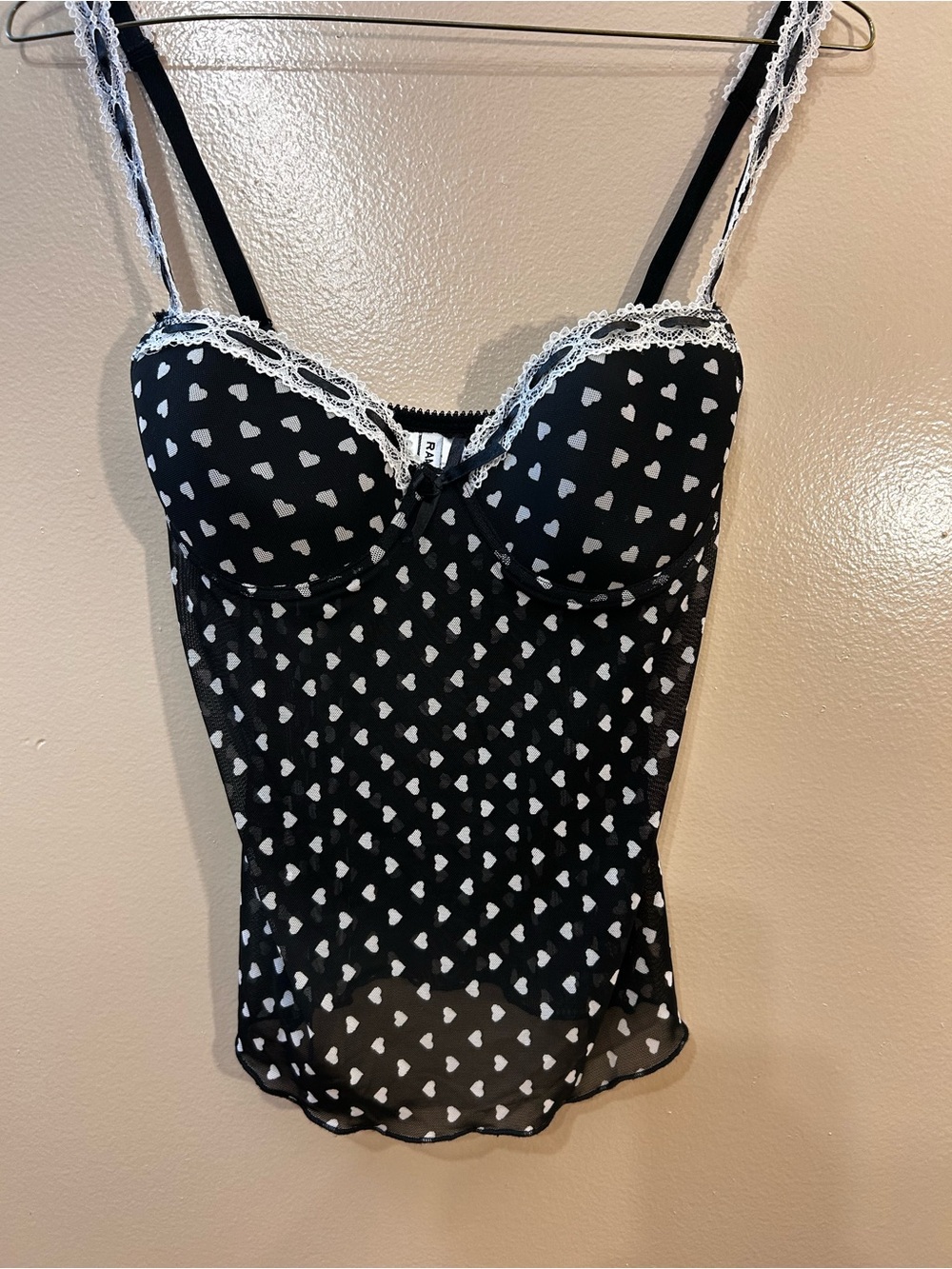 Rampage Black Cami with White Heart Print & Lace Trim